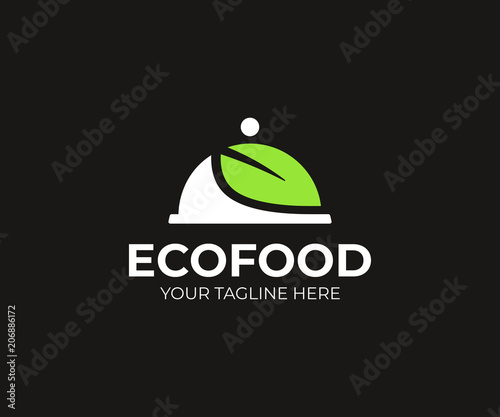 Eco food delivery logo template. Tray with cover and green leaf vector design. Healthy food logotype