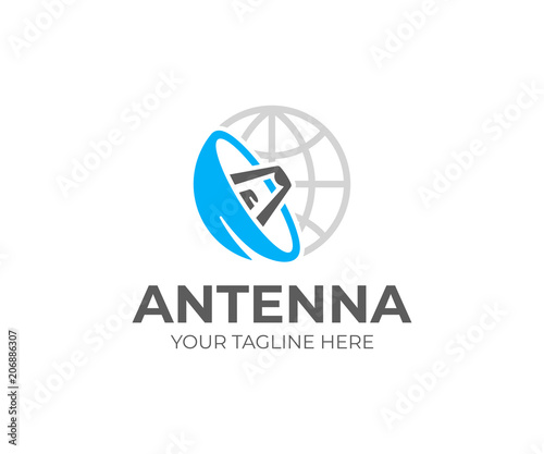 Satellite dish and world logo template. Satellite antenna vector design. Satellite communication system logotype