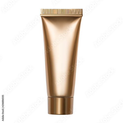 Photo of golden tube with cosmetic product isolated on white background.