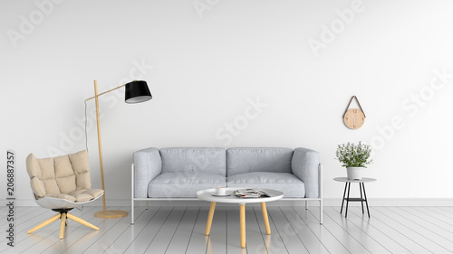 sofa in white living room, 3D rendering