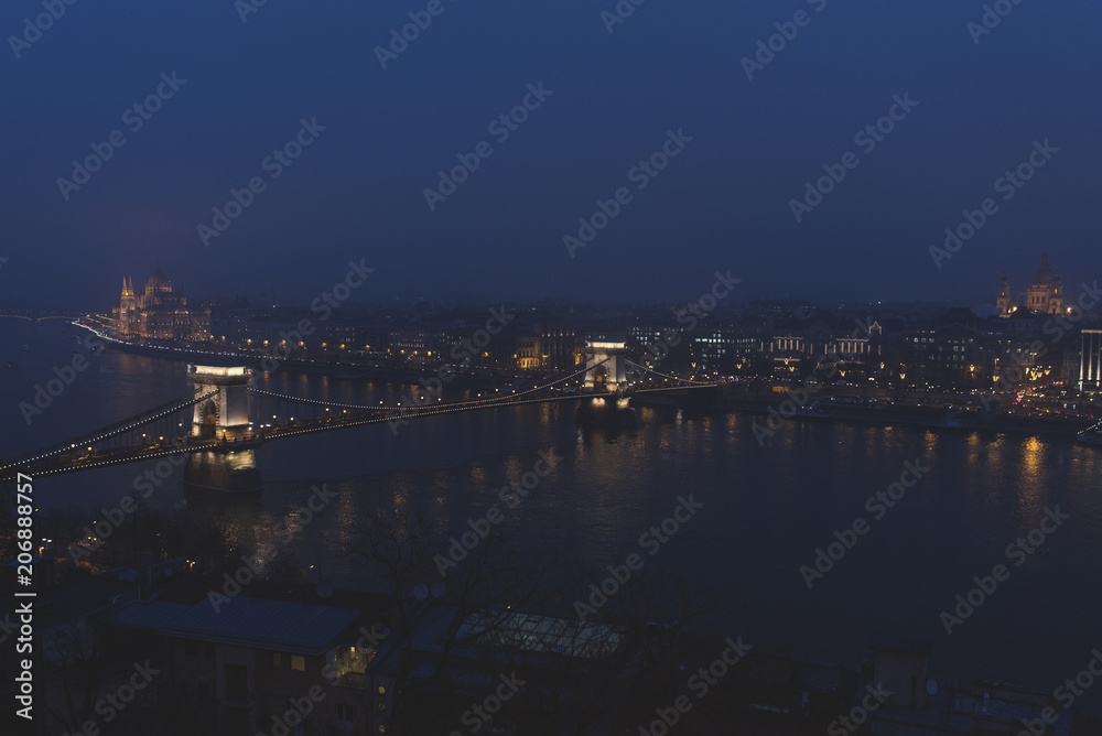 night scenary of the Danube river flowing through Budapest