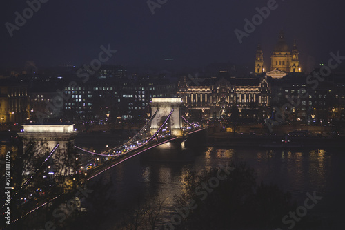 Chain Bridge and St. Stephen´s Cathedral at night in Budapest
