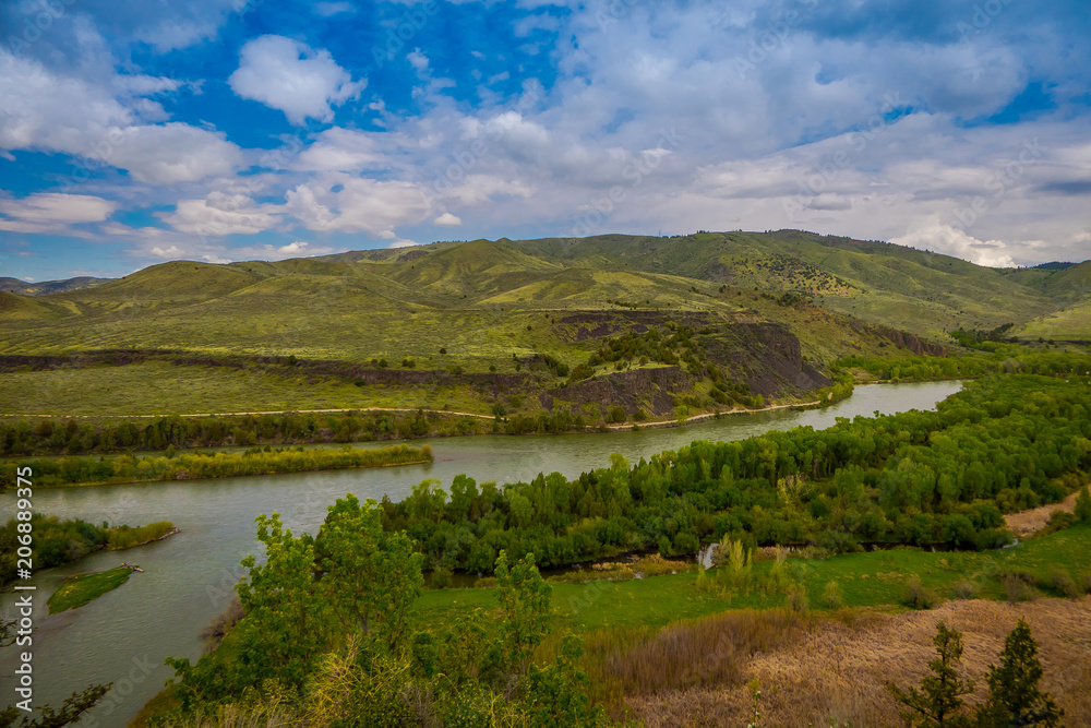 Beautiful aerial view of The Payette river in idaho, during a gorgeous sunny day and amazing landscape background Beautiful aerial view of The Payette river in idaho, during a gorgeous sunny day and amazing landscape background