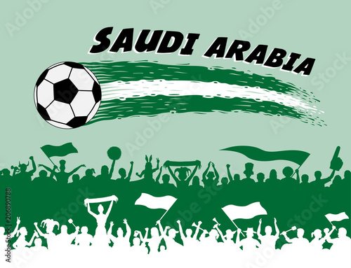Saudi Arabia flag colors with soccer ball and Arab supporters silhouettes