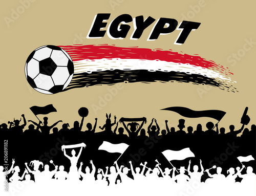 Egypt flag colors with soccer ball and Egyptian supporters silhouettes