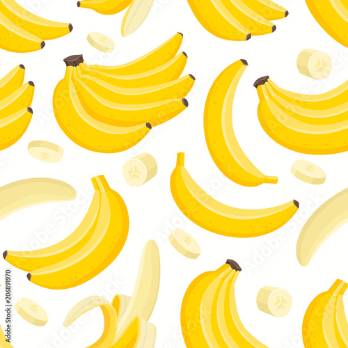 Vector pattern with cartoon banana isolated on white.