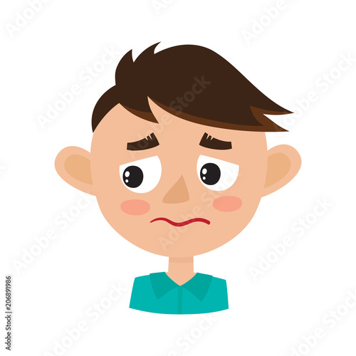 Boy upset face expression, cartoon vector illustrations isolated on white.
