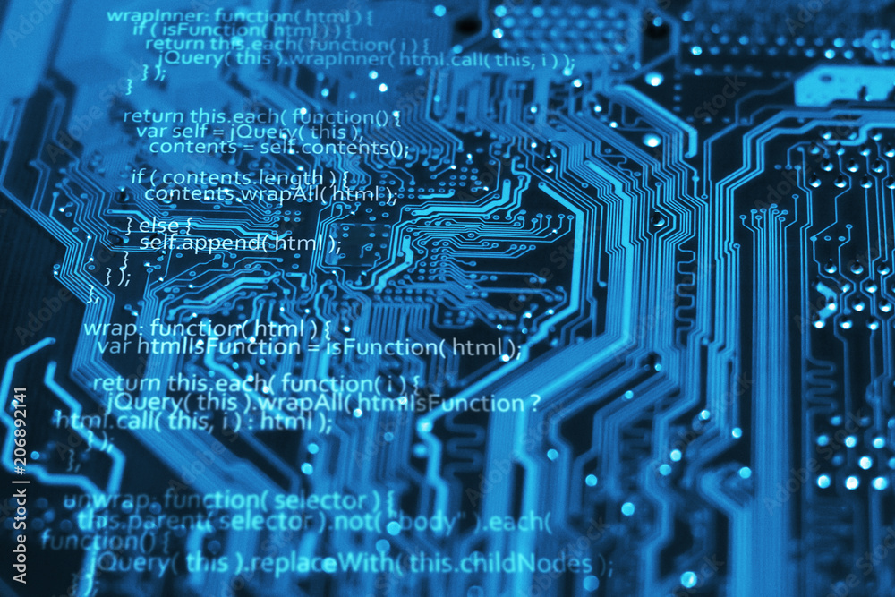 Foto De Programming Language Code On Blue Integrated Circuit Background 