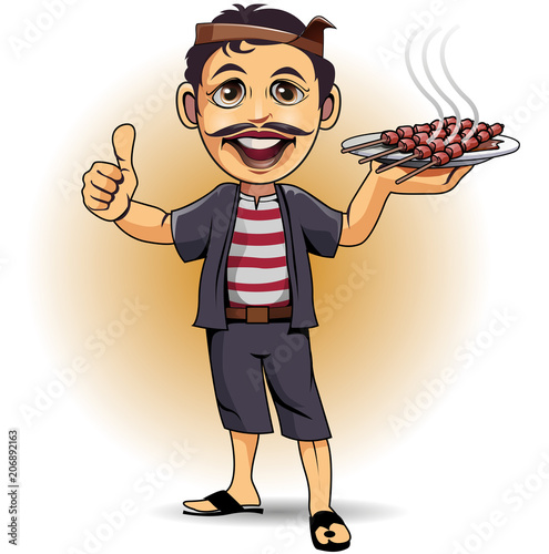 vector illustrations, traditional Indonesian cooks are showing off sate as one of the typical dishes of the archipelago.