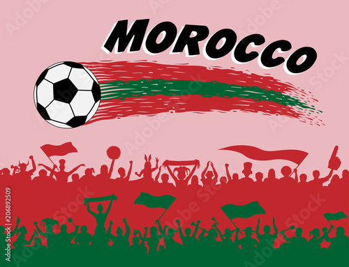 Morocco flag colors with soccer ball and Moroccan supporters silhouettes