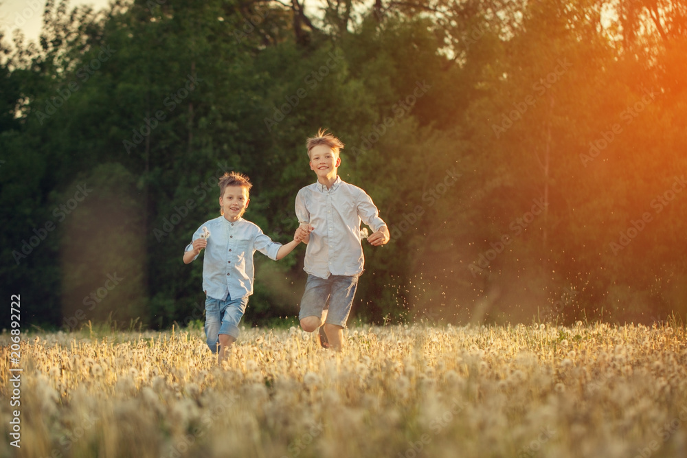 Fototapeta premium Happy children running around the field with dandalions onsummer sunset.