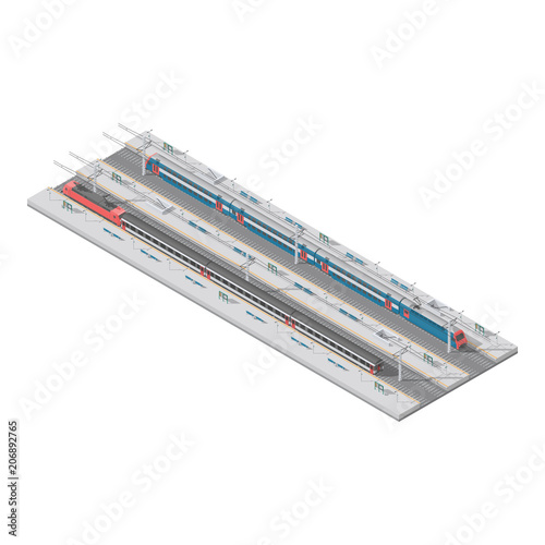 Elements of infographics passenger platform railway station low poly isometric icon set
