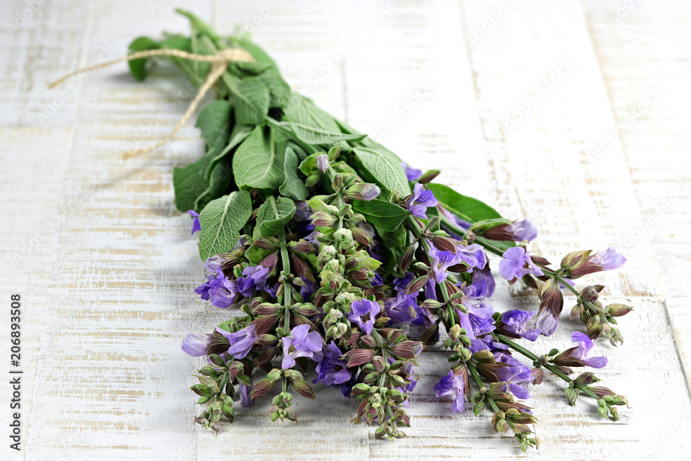 bunch of sage on wooden background bunch of sage on wooden background