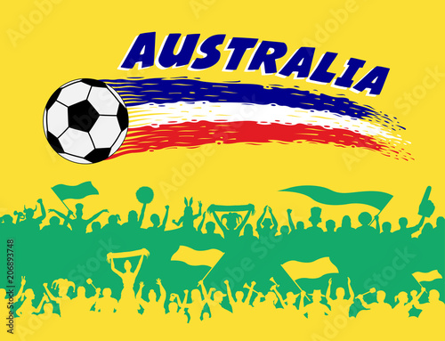 Australia flag colors with soccer ball and Australian supporters silhouettes photo