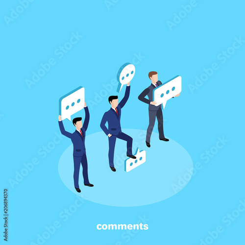 men in business suits stand with message icons, isometric image