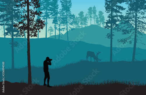 Blue landscape vector with a man taking picture of a deer in a forest.