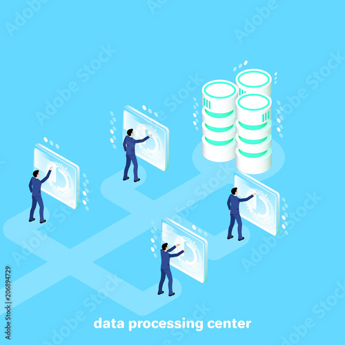 men in business suits work in a futuristic setting with data processing servers, an isometric image