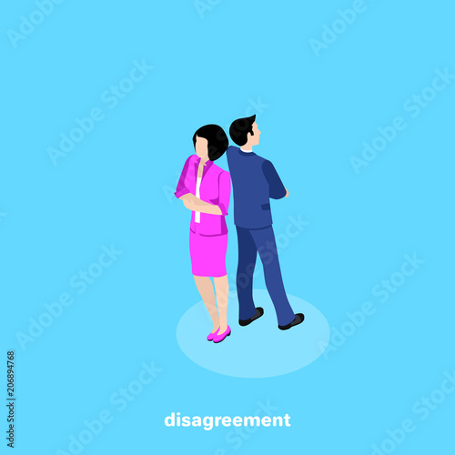 man and woman in business suits stand back to back, isometric image