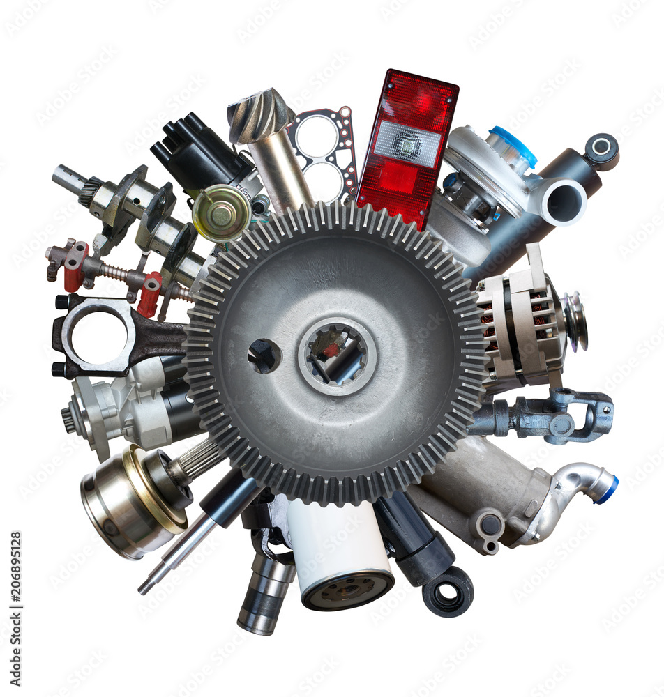Auto spare parts around gear isolated on white background Auto spare parts around gear isolated on white background