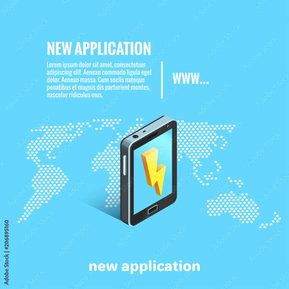 Fototapeta premium smartphone on the background of a world map with a golden lightning on the screen, an isometric image