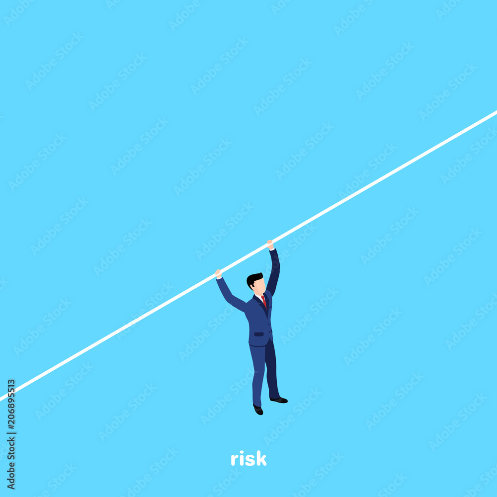 man in business suit hanging on white wire, isometric image
