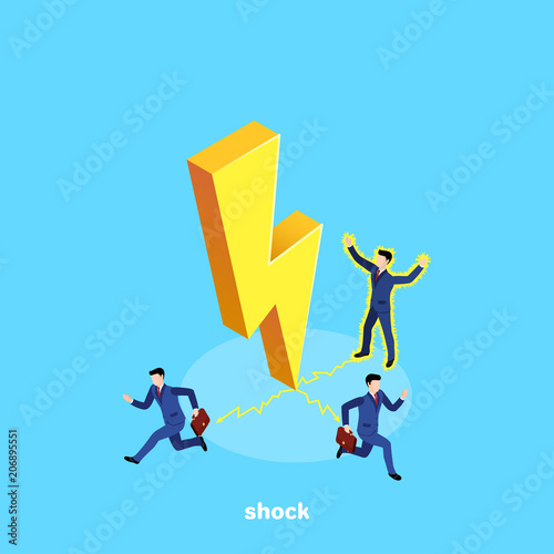 lightning and current discharge hits people in a business suit, an isometric image