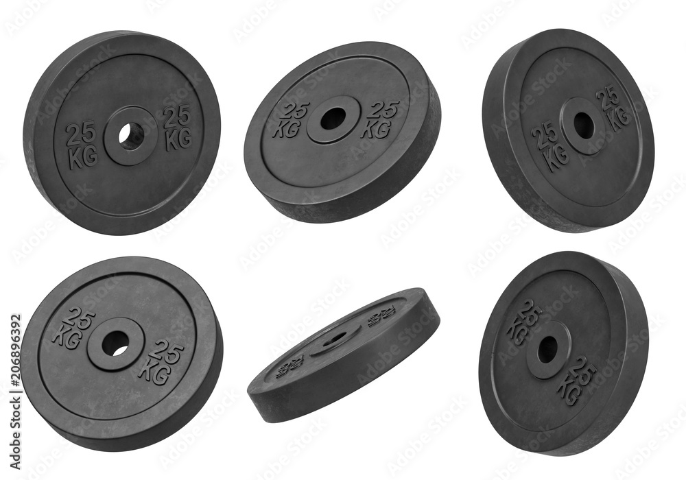 3d rendering of many isolated black 25 kg barbell weights hanging on a white background turned to different sides. 3d rendering of many isolated black 25 kg barbell weights hanging on a white background turned to different sides.