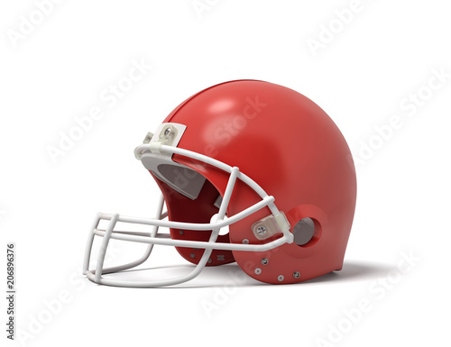 3d rendering of a red American football helmet with a white protective grid on a white background.
