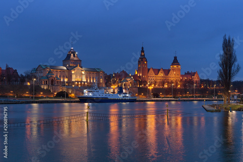 Szczecin by night / view of the boulevards and historical architecture.