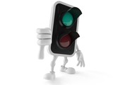 Green traffic light character with thumbs down gesture