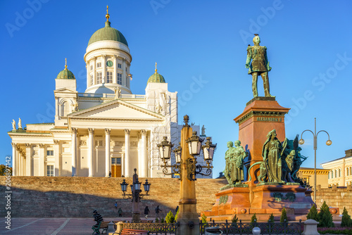 Cathedral and monument to Russian Emperor Alexander II in the Old Town of Helsinki, Finland