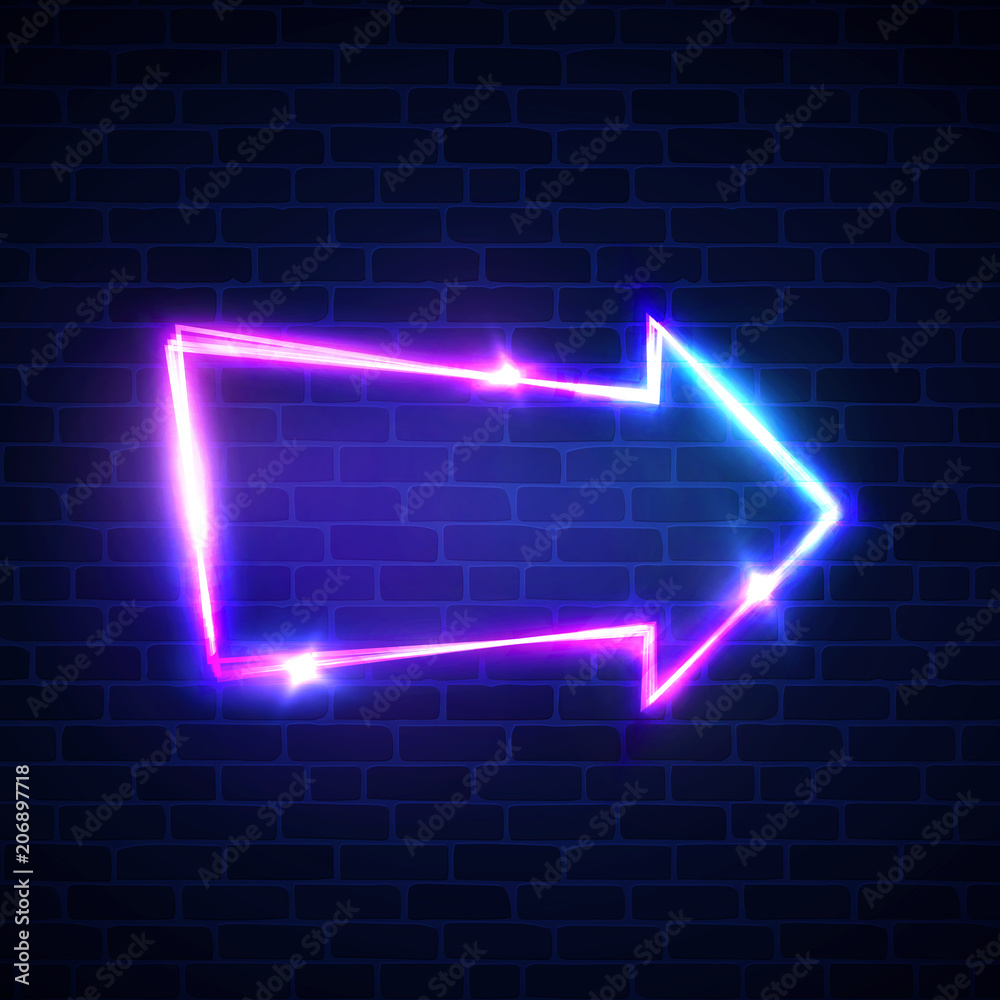 Realistic neon arrow sign hanging on brick wall. Electric light glowing signage for night club bar. Illuminated retro pointer with neon led lamp. Advertising vintage frame. Bright vector illustration. Realistic neon arrow sign hanging on brick wall. Electric light glowing signage for night club bar. Illuminated retro pointer with neon led lamp. Advertising vintage frame. Bright vector illustration.