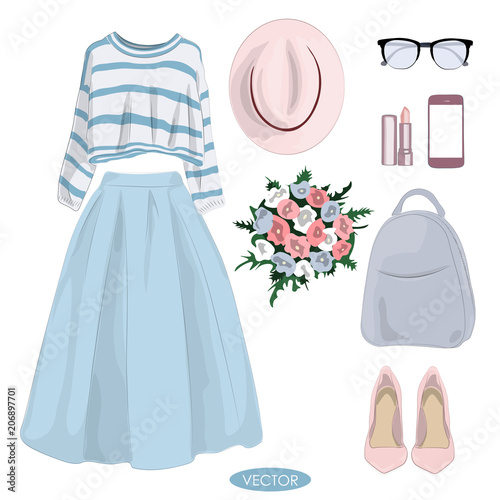 Spring fashion set. Stylish and trendy casual outfit for girl. Shirt, blue midi skirt, bouquet and  others accessories - Vector Illustration