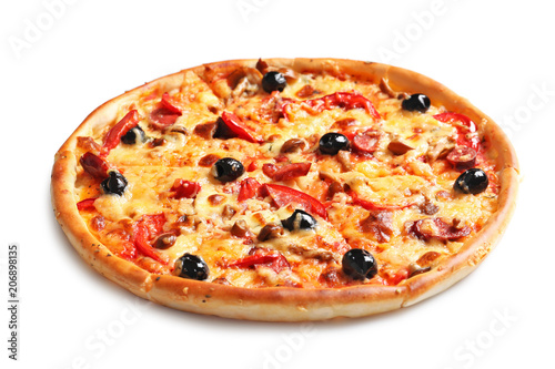 Delicious pizza with olives and sausages on white background