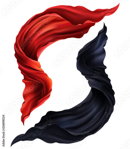 Vector 3d realistic set of flying red and black silk fabric. Two pieces of flowing satin cloth isolated on white background. Abstract decorative velvet drapes, material, draped cape or scarf