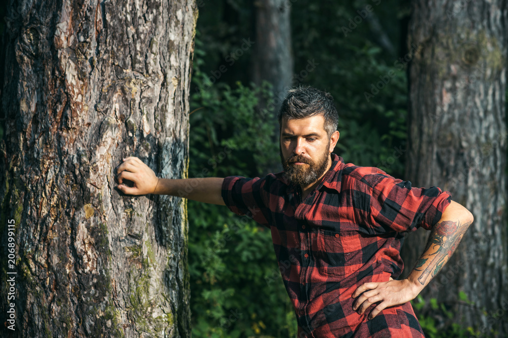 Tall brutal man standing in forest. Lumberjack resting while leaning on tree. Hipster with roses tattoo on arm