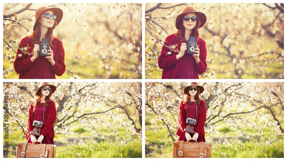 Collage of four images with young girl with camera and suitcase in blossom garden in springtime.