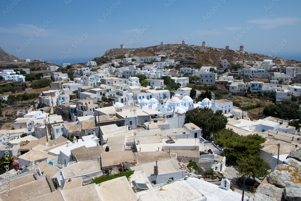 Panoramic view from the castle of Amorgos.in the foreground the bell tower from a small chapel