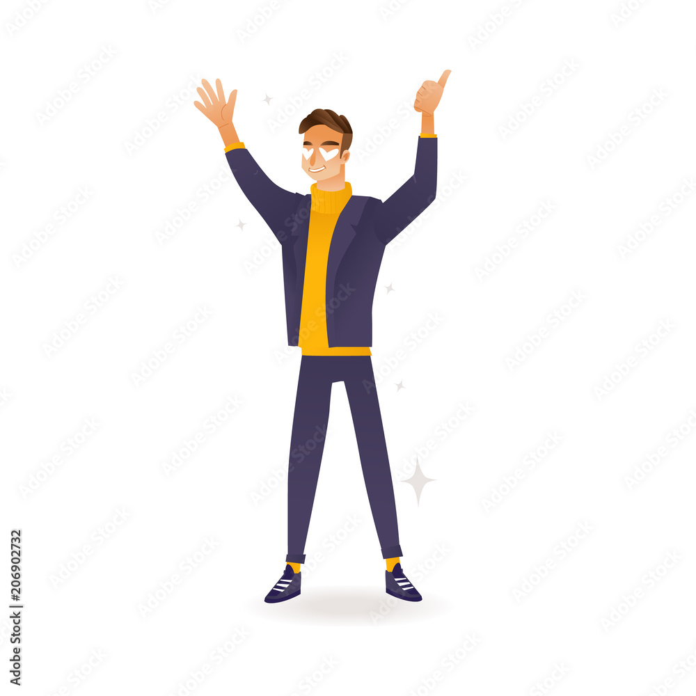 Delight and amorous caucasian man with thumbs up gesture - cartoon vector illustration of young happy and smiling boy standing with hands up and positive emotions isolated on white background. Delight and amorous caucasian man with thumbs up gesture - cartoon vector illustration of young happy and smiling boy standing with hands up and positive emotions isolated on white background.