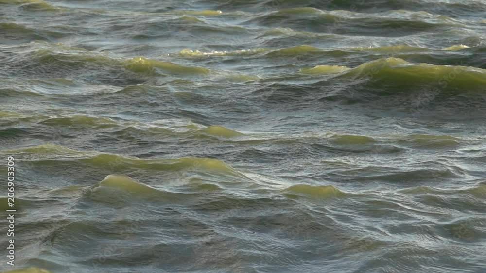 Lake's green water moves wildly on a stormy and windy day, the crest of the wave breaks and splashes, and the brightness of sunlight moving in slow motion Lake's green water moves wildly on a stormy and windy day, the crest of the wave breaks and splashes, and the brightness of sunlight moving in slow motion