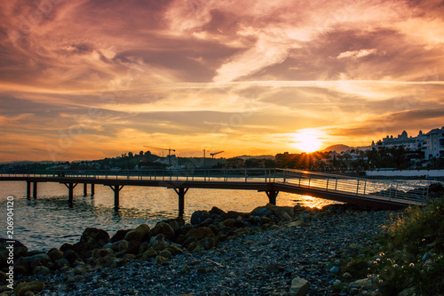 Sunset. Mediterranean Sea and sunset on the coast of Estepona. Malaga Province  Andalusia  Spain. Picture taken     22 may 2018.