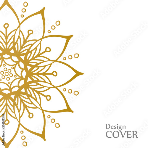 Clean white cover with gold beautiful flower. Golden vector mandala isolated on white background. A symbol of life and growth.