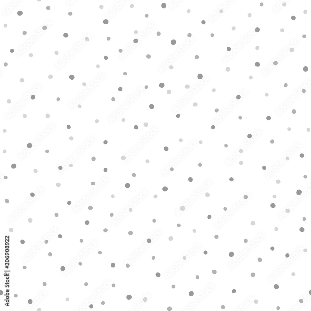 Repeated scattered rounded dots. Seamless pattern with gray spots on white background. Drawn by hand.