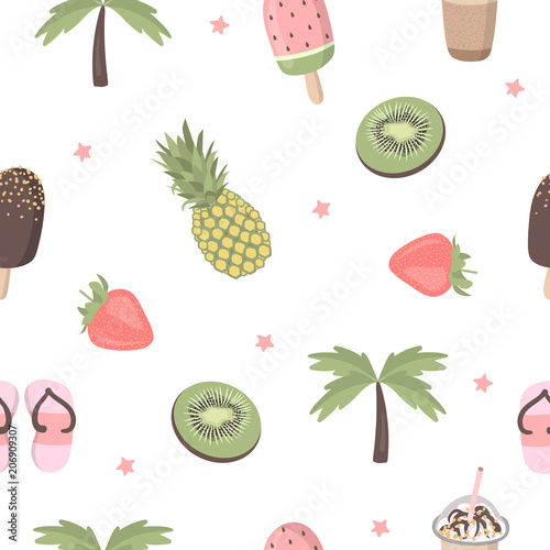 Fototapeta Naklejka Na Ścianę i Meble -  Vector cartoon seamless pattern with funny summer things illustrations- ice cream, fruit, palm, whale, slippers