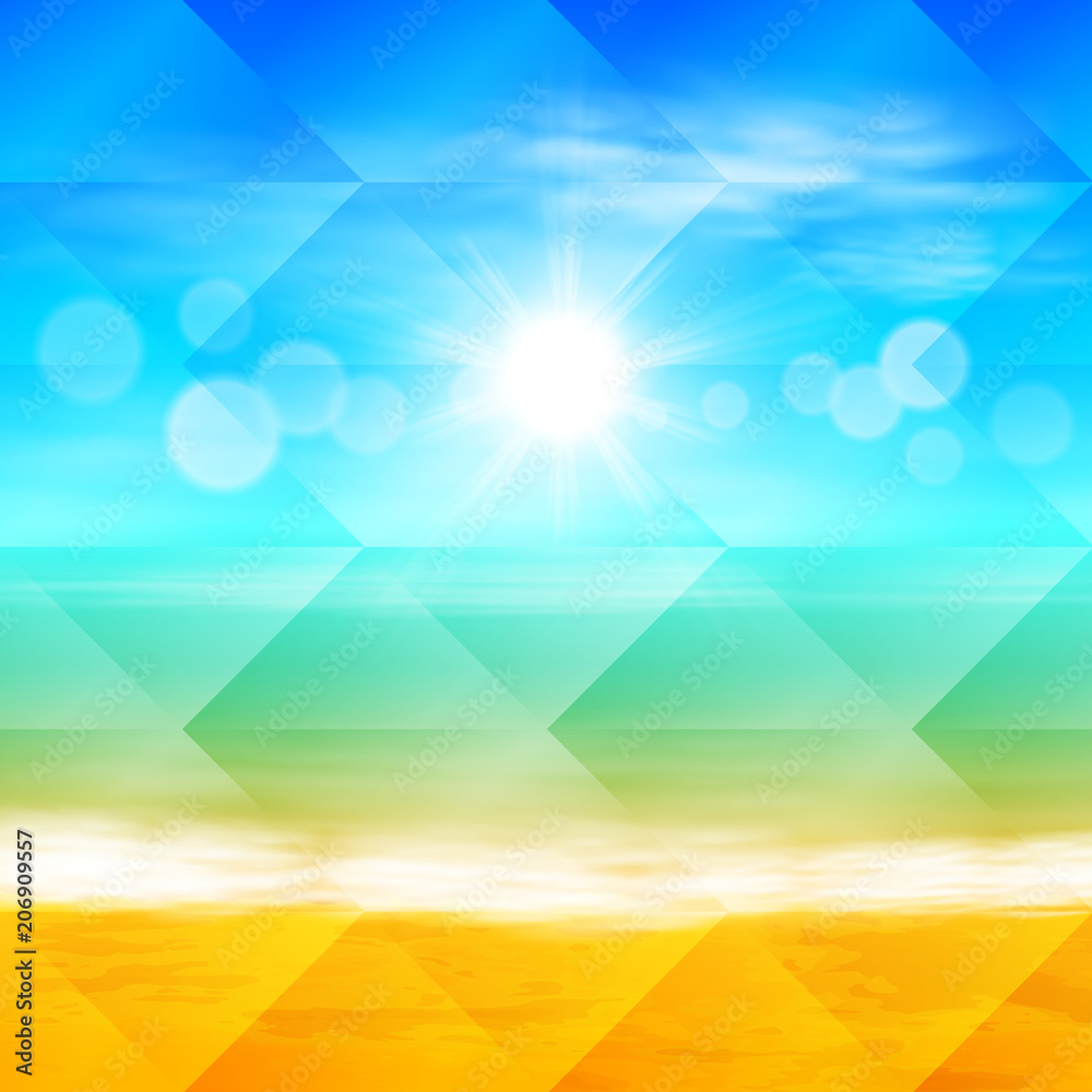 Beach and tropical sea with bright sun. Polygonal illustration consist of hexagonal elements. Triangular pattern for your summer travel design. Geometric background with gradient. EPS10 vector. Beach and tropical sea with bright sun. Polygonal illustration consist of hexagonal elements. Triangular pattern for your summer travel design. Geometric background with gradient. EPS10 vector.