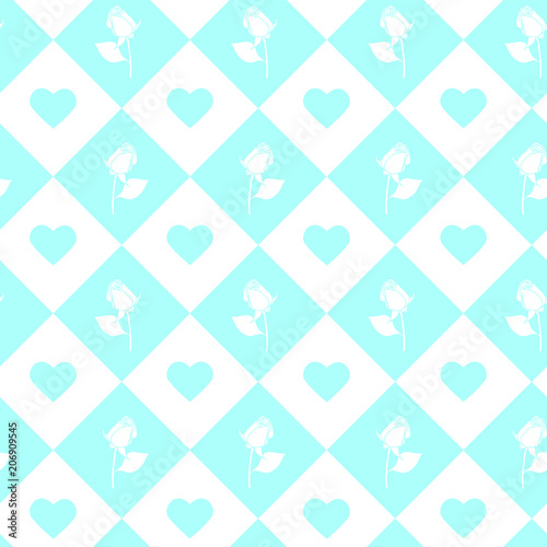 Roses and hearts seamless background - pattern for continuous replicate in light blue color.