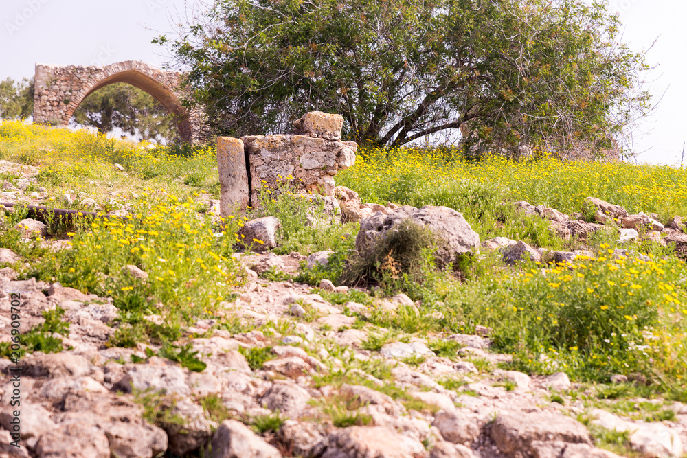 Ancient stone building ruins archaeologic site park.