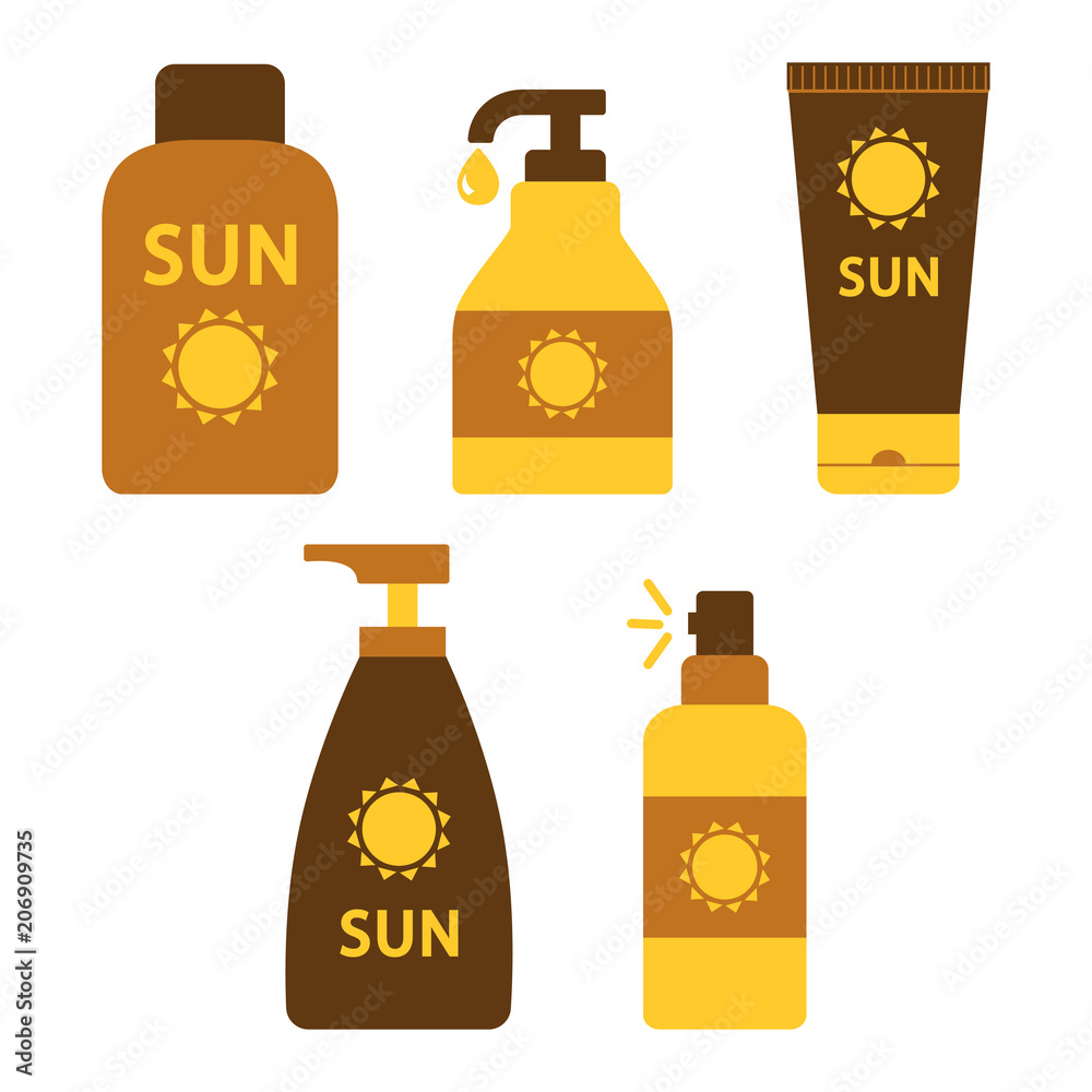 Set of sunscreen and suntan cream or oil. Vector illustration Set of sunscreen and suntan cream or oil. Vector illustration
