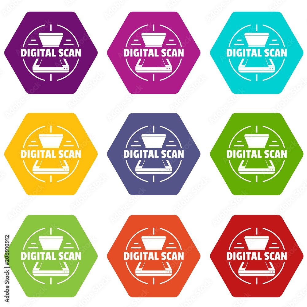 Digital scan icons 9 set coloful isolated on white for web