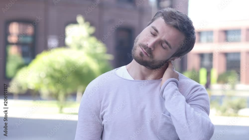 Tired Man Relaxing Neck Pain, Outside Office Tired Man Relaxing Neck Pain, Outside Office